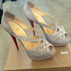Christian Louboutin Lady Corset 150 Tan Suede Platform Heel Sandal Pumps
